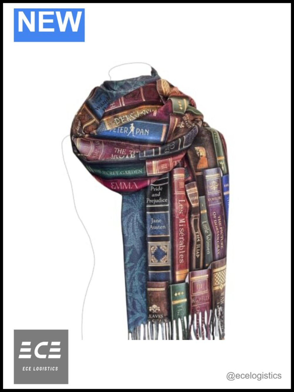 Reversible Book Lover Scarf Shawl Wrap with 90 Classic Book Titles Acrylic